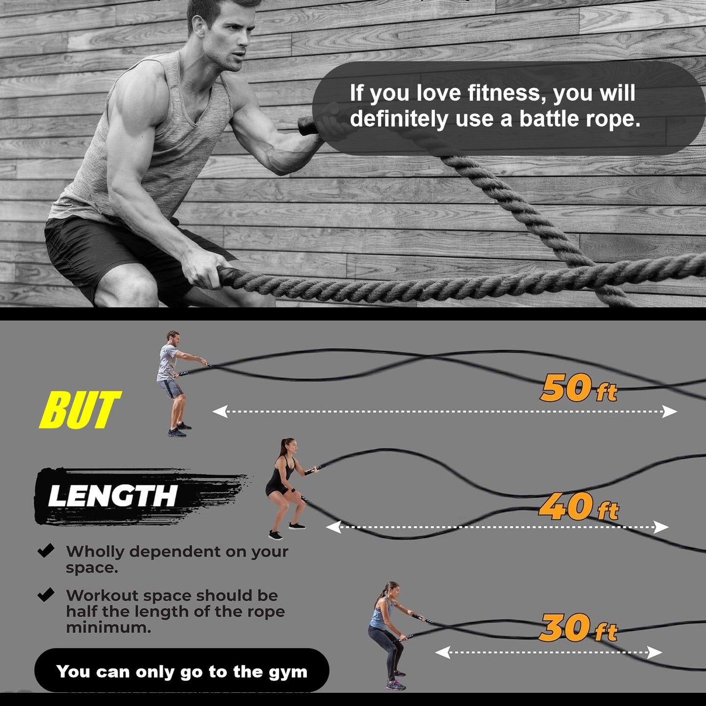 Heavy duty battle rope with anchor point
